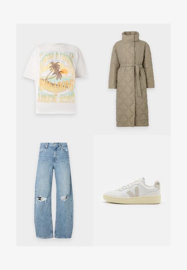 Dlhý taupe prešívaný kabát s vysokým golierom a opaskom z rovnakého materiálu viazaným v páse, so štepovaním vlnkového vzoru po celej ploche.; Biela bavlnená tričko s farebnou grafickým potlačou, na ktorej sú palmy, slnko a text: "SUNKISSED IN PARADISE," "BILLABONG" a "SUMMERTIME SESSIONS."; Svetlomodré, vysoké džínsy vyrobené z denimu. Majú široké nohavice, dve roztrhnuté kolená a klasický päťvreckový strih.; Biele kožené tenisky s béžovými semišovými akcentmi, perforovanou špičkou, plochými šnúrkami a textúrovanou krémovou podrážkou. Obsahujú jemné označenie na päte.