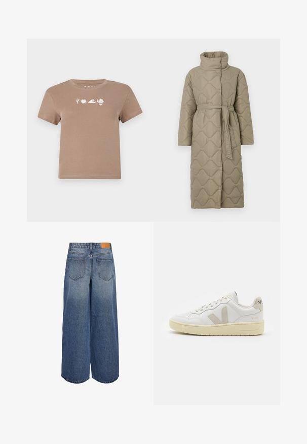 Lang taupe quiltet frakk med høy krage og belte i matchende stoff knyttet rundt livet, med bølgemønster-innsying gjennom hele frakken.; Brun bomull t-skjorte med rund hals. Har hvite grafiske elementer: en kaktus, sol, bølge, hånd og hjerte. Korte ermer.; Bredde ben denim culottes i middels blå vask med en falmet tekstur, med to baklommer og en brun lærmerke på midjebåndet.; Hvite lær sneakers med beige semsket detaljer, perforert tåboks, flate lisser og en teksturert kremfarget såle. Har subtil branding på hælen.