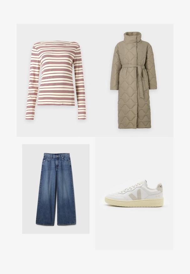 Long taupe quilted coat with high collar and matching fabric belt tied at the waist, featuring wave-pattern stitching throughout.; Long-sleeve top in cream with maroon horizontal stripes; boat neckline; soft fabric; fitted design with slight stretch.; Wide-leg blue denim jeans with a faded finish, featuring a button and zipper closure, five pockets, and belt loops.; White leather sneaker with beige suede accents, perforated toe box, flat laces, and a textured cream sole. Features subtle branding on heel.