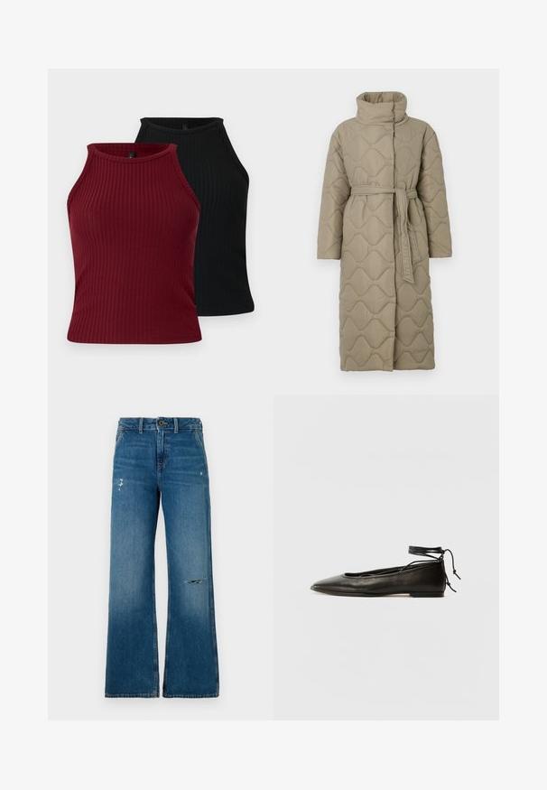 Pikk taupe värvi tikitud mantel kõrge kraega ja sobiva materjalist vööga, mis on seotud vöökohal, ning kogu ulatuses on lainelise mustriga tikand.; Kaks ribaga varustatud särk: üks burdeos ja teine must. Mõlemal on kõrge kaelus ning need on kehakujulised ja sileda tekstuuriga.; Sinine teksakangast laiade jalgadega teksad, millel on tuhm tekstuur, esiosas kaks kulumiskohaga, nööp kinnitamine ja viie tasku disain.; Must mustast balletijalatsid, millel on terav nina, pahkluu seotud ja lame tall, sujuva tekstuuri ning minimalistlik disain.