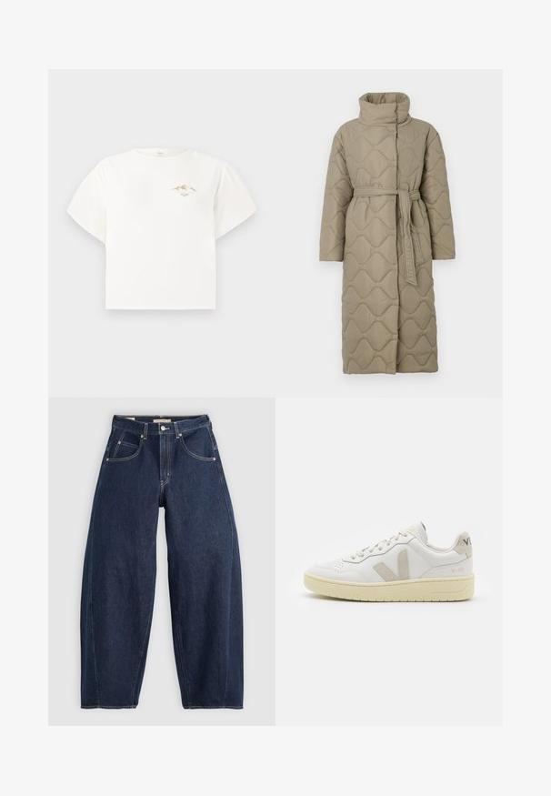 Długi, taupe'owy, pikowany płaszcz z wysokim kołnierzem i pasującym paskiem z materiału związanym w talii, z falistym wzorem przeszyć na całej powierzchni.; Biała koszulka z krótkim rękawem, wykonana z bawełny, z małym złotym graficznym wzorem góry na klatce piersiowej i luźnym, prostokątnym krojem.; Granatowe dżinsy o luźnym kroju, z jasnym przeszyciem, pięcioma kieszeniami i zapięciem na guziki w pasie.; Białe skórzane trampki z beżowymi zamszowymi akcentami, perforowanym noskiem, płaskimi sznurowadłami i teksturowaną kremową podeszwą. Posiadają subtelne logo na pięcie.