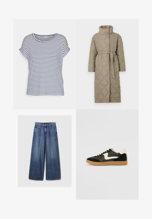 Garšs pelēkbrūns quiltēts mētelis ar augstu apkakli un atbilstošu auduma jostu, kas sasieta ap vidukli, ar viļņu raksta šuvēm visā virsmā.; Svītrainā īsām piedurknēm T-krekls baltā un tumši zilā krāsā, ar apaļu kakla izgriezumu un brīvu piegriezumu, izgatavots no mīkstas kokvilnas auduma.; Platām kājām zila denima bikses ar izbalējušu apdari, ar pogu un rāvējslēdzēju, pieciem kabatām un jostu cilpām.; Melna zamšāda un ādas sporta apavi ar krēmkrāsas sānu svītru un gaiši krēmkrāsas papēdi. Ar beigu krāsas auklām un gumijas zole.