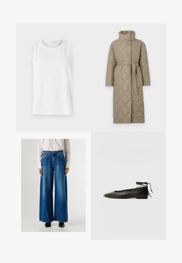Langer taubefarbener gesteppter Mantel mit hohem Kragen und passendem Stoffgürtel, der in der Taille gebunden ist, mit Wellenmuster-Steppung. ; Weißes ärmelloses Top aus weicher Baumwolle. Verfügt über einen runden Ausschnitt und einen geraden Schnitt. Schlichtes Design ohne sichtbare Muster oder Akzente.; Blaue Schlagjeans mit hoher Taille, aus Denim gefertigt, mit Fronttaschen und Knopfverschluss. Glatte Textur mit klassischer Waschung.; Schwarze Leder-Ballerinas mit spitzem Zehenbereich, Knöchelband und flacher Sohle, die eine glatte Textur und ein minimalistisches Design aufweisen.