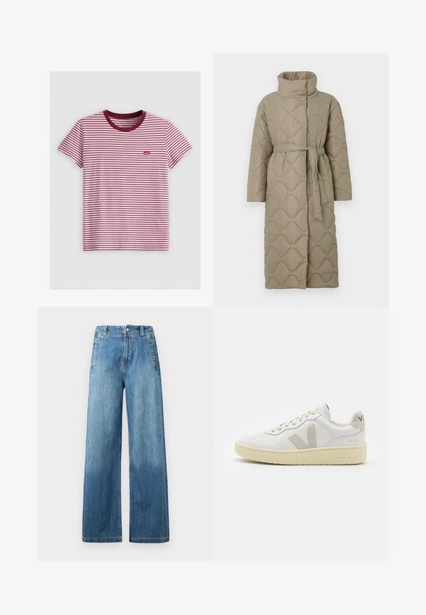 Długi, taupe'owy, pikowany płaszcz z wysokim kołnierzem i pasującym paskiem z materiału związanym w talii, z falistym wzorem przeszyć na całej powierzchni.; Czerwono-biała w paski koszulka z krótkimi rękawami, z bordowym okrągłym dekoltem i małą czerwoną metką Levi's po lewej stronie. Materiał bawełniany.; Jasnoniebieskie dżinsy szerokie w nogawkach z wysokim stanem, z dwoma przednimi kieszeniami, szlufkami na pasek i subtelną, wyblakłą strukturą.; Białe skórzane trampki z beżowymi zamszowymi akcentami, perforowanym noskiem, płaskimi sznurowadłami i teksturowaną kremową podeszwą. Posiadają subtelne logo na pięcie.