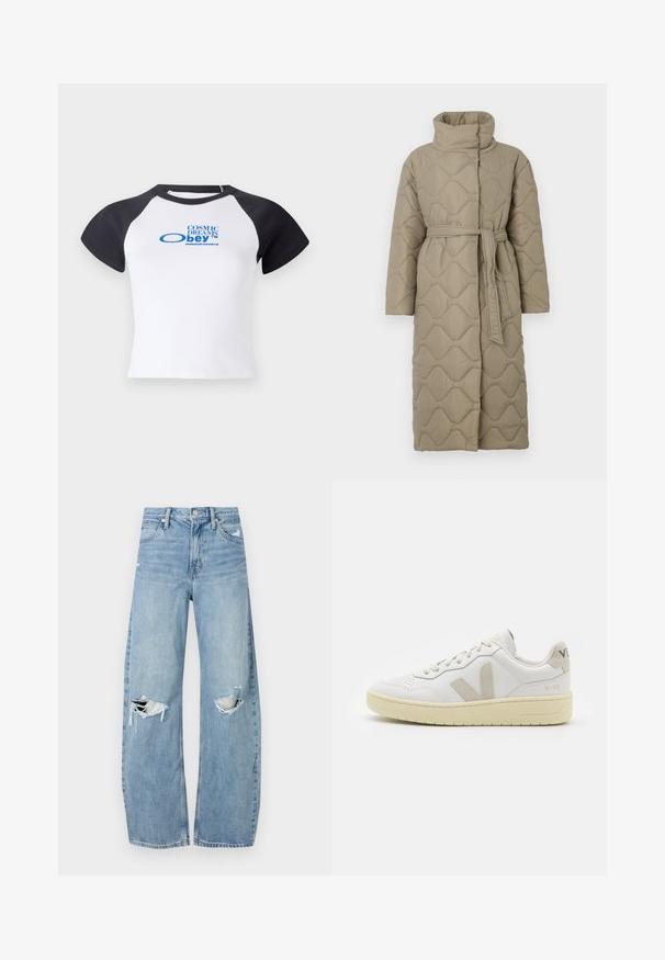 Ilgas taupe spalvos siuvinėtas paltas su aukštu apykakle ir derančiu audinio diržu, suvytu juosmenyje, su banguotu raštu siuvinėjimu visame paviršiuje.; Balta trumpa rankovėmis marškinėliai su juodais raganosiu rankovėmis, priekyje su mėlynai grafiniu tekstu "COSMIC DREAMS obey™".; Šviesiai mėlynos, aukštu juosmeniu džinsai pagaminti iš džinsinio audinio. Turi plačias kojų kelnes, dvi suplėšytas kelio vietas ir klasikinį penkių kišenių dizainą.; Balti odiniai sportbačiai su kreminiais zomšos akcentais, perforuota pirštų dalimi, plokščiomis raišteliais ir struktūruota kreminėmis padomis. Ant kulno yra subtilus ženklinimas.