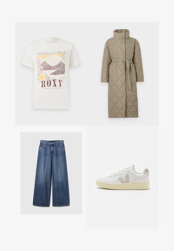 Dlhý taupe prešívaný kabát s vysokým golierom a opaskom z rovnakého materiálu viazaným v páse, so štepovaním vlnkového vzoru po celej ploche.; Biela bavlnená tričko s grafikou hory a západu slnka v prírodných tónoch, s nápismi "ROXY" a "NEKONEČNÉ LETO". Klasický strih, krátke rukávy.; Džíny s širokými nohavicami v modrej farbe s vyblednutým povrchom, s gombíkom a zipsom, piatimi vreckami a pútkami na opasok.; Biele kožené tenisky s béžovými semišovými akcentmi, perforovanou špičkou, plochými šnúrkami a textúrovanou krémovou podrážkou. Obsahujú jemné označenie na päte.