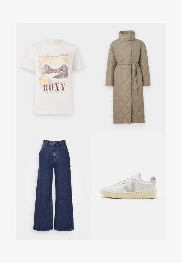 Lang taupe quiltet frakke med høj krave og bælte i matchende stof bundet i taljen, med bølge-mønster syninger over hele.; Hvid bomulds t-shirt med grafik af bjerg og solnedgang i jordfarver, med teksten "ROXY" og "ENDLESS SUMMER". Klassisk pasform, korte ærmer.; Bredde denimjeans i mørkeblå, med høj talje, for- og baglommer samt lynlås med metalknap. Glat tekstur og klassisk design.; Hvide lærreds sneakers med beige ruskindsdetaljer, perforeret tåboks, flade snørebånd og en struktureret cremefarvet sål. Har diskret branding på hælen.