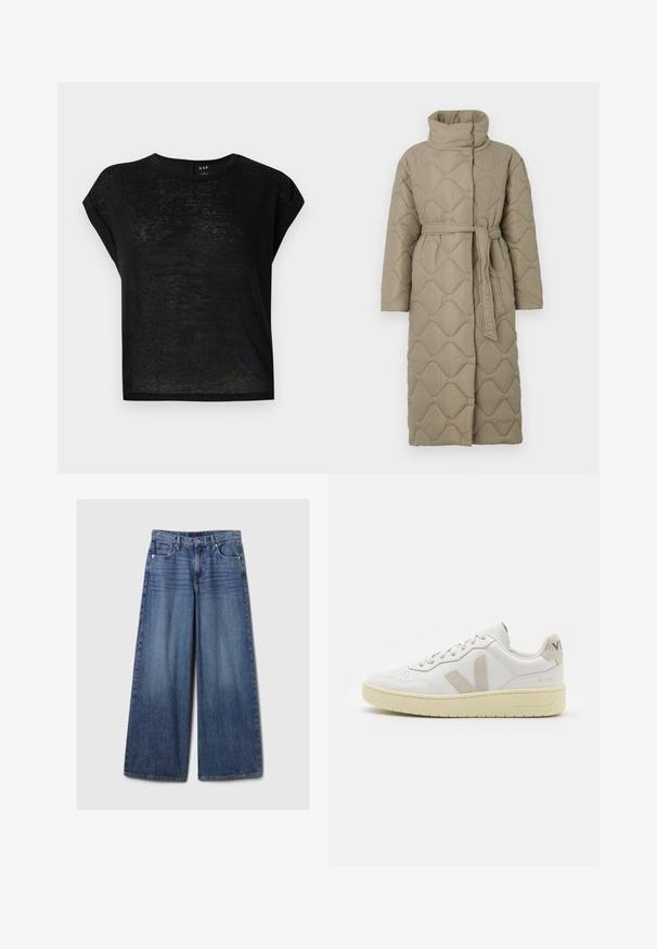 Long taupe quilted coat with high collar and matching fabric belt tied at the waist, featuring wave-pattern stitching throughout.; Black short-sleeve t-shirt with a relaxed fit. Made of lightweight, slightly sheer fabric. Features a round neckline and rolled sleeves.; Wide-leg blue denim jeans with a faded finish, featuring a button and zipper closure, five pockets, and belt loops.; White leather sneaker with beige suede accents, perforated toe box, flat laces, and a textured cream sole. Features subtle branding on heel.