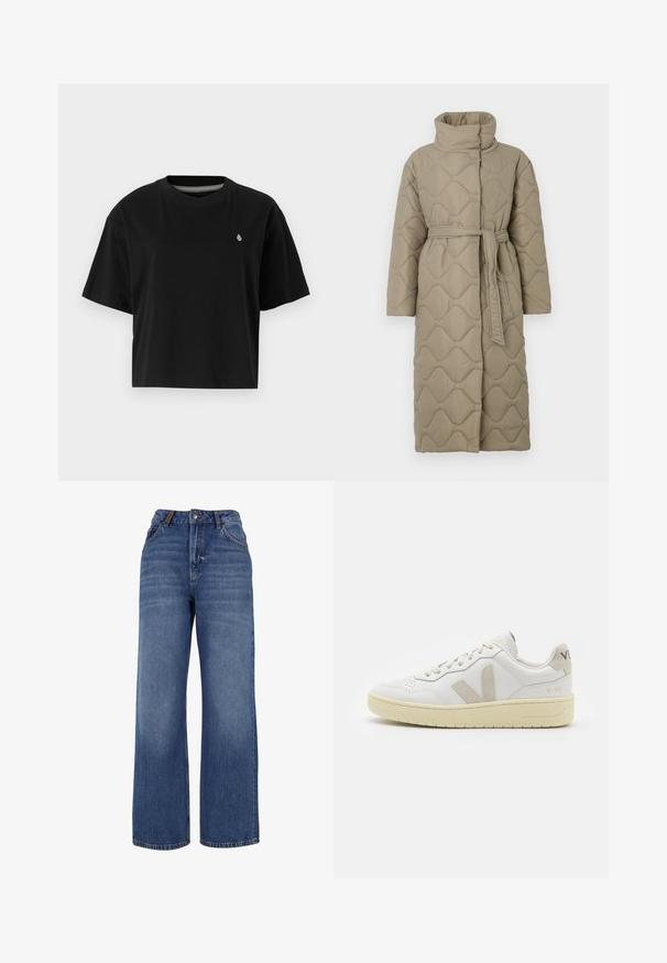 Abrigo largo en tono topo, acolchado, con cuello alto y cinturón de tela a juego atado en la cintura, que presenta un diseño de costura en patrón de olas en toda su superficie.; Camiseta negra recortada de algodón, con mangas cortas, escote redondo y un pequeño logo blanco en el lado izquierdo del pecho.; Pantalones vaqueros de pierna ancha hechos de tejido de algodón azul de peso medio. Presentan un diseño clásico de cinco bolsillos y una cremallera con cierre de botón.; Zapatilla de piel blanca con acentos de ante beige, caja de puntera perforada, cordones planos y suela texturizada en color crema. Cuenta con un branding sutil en el talón.