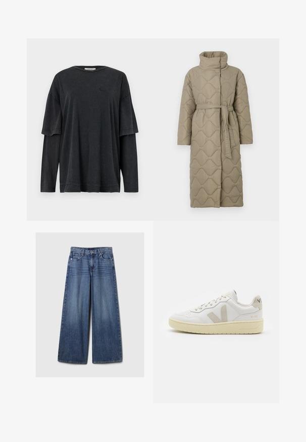Dlhý taupe prešívaný kabát s vysokým golierom a opaskom z rovnakého materiálu viazaným v páse, so štepovaním vlnkového vzoru po celej ploche.; Čierne oversized tričko s krátkymi rukávmi, vrstvené nad tričkom s dlhými rukávmi. Vyrobené z jemnej, textúrovanej tkaniny s nenápadným logom.; Džíny s širokými nohavicami v modrej farbe s vyblednutým povrchom, s gombíkom a zipsom, piatimi vreckami a pútkami na opasok.; Biele kožené tenisky s béžovými semišovými akcentmi, perforovanou špičkou, plochými šnúrkami a textúrovanou krémovou podrážkou. Obsahujú jemné označenie na päte.