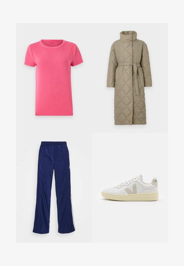 Long taupe quilted coat with high collar and matching fabric belt tied at the waist, featuring wave-pattern stitching throughout.; Short-sleeve, ribbed t-shirt in bright pink with a round neckline and a smooth texture. Features brand logo printed inside the neck.; Navy athletic pants with an elastic waistband, straight legs, and side zippers. Features white piping along the sides. Smooth fabric texture.; White leather sneaker with beige suede accents, perforated toe box, flat laces, and a textured cream sole. Features subtle branding on heel.