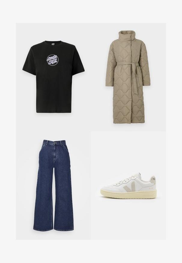 Ilgas taupe spalvos siuvinėtas paltas su aukštu apykakle ir derančiu audinio diržu, suvytu juosmenyje, su banguotu raštu siuvinėjimu visame paviršiuje.; Juodas medvilninis marškinėliai su trumpomis rankovėmis, turintys apvalų purpurinį siuvinėtą "Santa Cruz" logotipą ant krūtinės. Paprastas apvalus kaklas.; Plati šlaunų džinsai tamsiai mėlynos spalvos, su aukštu liemeniu, priekinėmis kišenėmis ir užtrauktuku su metaline mygtuko uždarymo sistema. Sklandus paviršius ir klasikinis dizainas.; Balti odiniai sportbačiai su kreminiais zomšos akcentais, perforuota pirštų dalimi, plokščiomis raišteliais ir struktūruota kreminėmis padomis. Ant kulno yra subtilus ženklinimas.