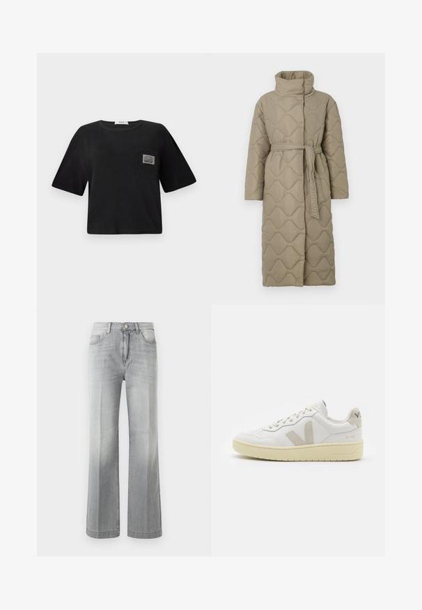 Dolga taupe puhovka s visokim ovratnikom in pasom iz iste tkanine, zavezanim na pasu, ki vsebuje šivane vzorce valov v celotni dolžini.; Črni kratki zgornji del iz bombaža, z okroglim izrezom in kratkimi rokavi. Vključuje žep s oznako "REPLAY".; Sive široke traperice narejene iz denima, s spranim videzom, sprednjimi žepi in gumbom za zapiranje. Gladka tekstura in enakomerna šivana.; Bela usnjena tenisača z bež semiš poudarki, perforiranim prednjim delom, ravnimi vezalkami in strukturiranim kremnim podplatom. Ima diskretno blagovno znamko na peti.