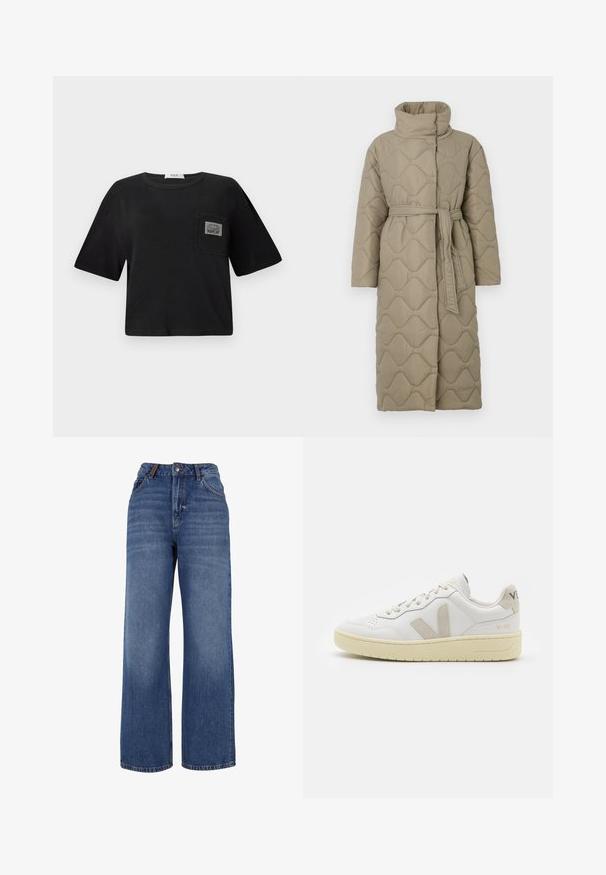Cappotto lungo color taupe trapuntato con alto colletto e cintura in tessuto abbinato legata in vita, caratterizzato da cuciture a motivo ondulato in tutto il capo.; T-shirt cropped nero in cotone, con scollatura rotonda e maniche corte. Include una tasca a toppa con etichetta "REPLAY".; Jeans in denim a gamba larga realizzati in cotone blu di medio peso. Presentano un classico design a cinque tasche e una chiusura con zip e bottone.; Sneaker in pelle bianca con dettagli in suede beige, punta perforata, lacci piatti e suola testurizzata color crema. Presenta un logo discreto sul tallone.