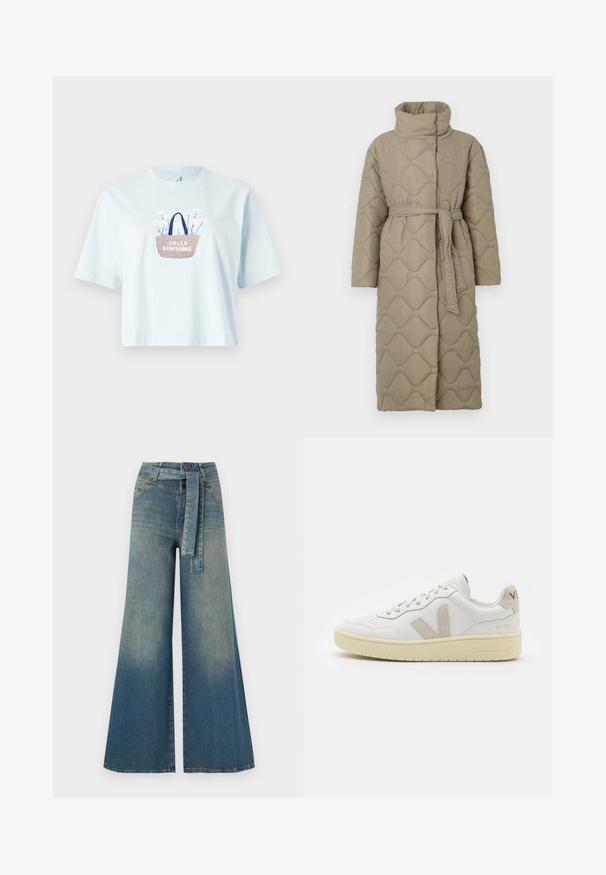 Long taupe quilted coat with high collar and matching fabric belt tied at the waist, featuring wave-pattern stitching throughout.; Light blue cotton t-shirt with short sleeves, featuring an embroidered basket design with flowers and the text "HELLO SUNSHINE."; Wide-leg denim trousers featuring a light to dark blue gradient, high waist, belt loops, and a matching fabric belt. Textured denim finish.; White leather sneaker with beige suede accents, perforated toe box, flat laces, and a textured cream sole. Features subtle branding on heel.