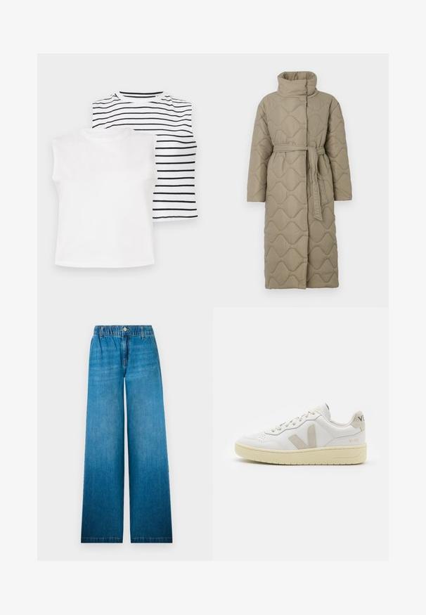 Ilgas taupe spalvos siuvinėtas paltas su aukštu apykakle ir derančiu audinio diržu, suvytu juosmenyje, su banguotu raštu siuvinėjimu visame paviršiuje.; Du priešnugnių be rankovių: viena vientisos baltos spalvos, kita su horizontaliomis juodomis juostelėmis ant baltos fono. Minkšta medžiaga, apvalus iškirpimas.; Šviesiai mėlynos džinsinės kelnės su plačiomis kojomis, turinčios elastingą juosmenį, mygtuką uždarymui ir tiesiu kirpimu su nublukusiu efektu.; Balti odiniai sportbačiai su kreminiais zomšos akcentais, perforuota pirštų dalimi, plokščiomis raišteliais ir struktūruota kreminėmis padomis. Ant kulno yra subtilus ženklinimas.