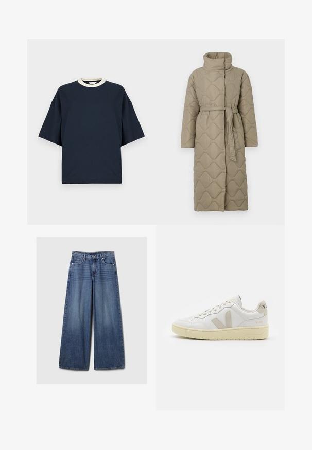 Dolga taupe puhovka s visokim ovratnikom in pasom iz iste tkanine, zavezanim na pasu, ki vsebuje šivane vzorce valov v celotni dolžini.; Mornarsko modra velika majica s kontrastnim kremnim rebrastim ovratnikom. Kratki rokavi in sproščen kroj. Narejena iz mehkega bombažnega materiala.; Široke jeans hlače iz modrega denima z bledečim finišem, z gumbom in zadrgo, petimi žepi in zanko za pas.; Bela usnjena tenisača z bež semiš poudarki, perforiranim prednjim delom, ravnimi vezalkami in strukturiranim kremnim podplatom. Ima diskretno blagovno znamko na peti.