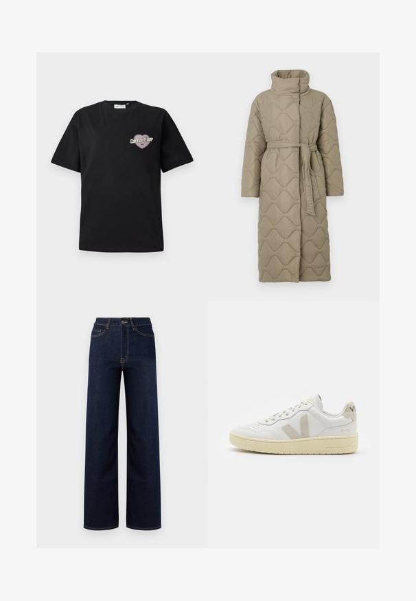 Langer taubefarbener gesteppter Mantel mit hohem Kragen und passendem Stoffgürtel, der in der Taille gebunden ist, mit Wellenmuster-Steppung. ; Schwarzes Baumwoll-T-Shirt mit kurzen Ärmeln, ausgestattet mit einem herzförmigen Grafikdesign in Lila und Beige sowie dem Text "Carhartt WIP 1989".; Dunkelblaue weit geschnittene Jeans aus Denim, mit hoher Taille, vier Taschen und kontrastierenden Nähten entlang der Nähte.; Weiße Ledersneaker mit beigen Wildlederakzenten, perforierte Zehenbox, flache Schnürsenkel und eine strukturierte cremefarbene Sohle. Mit dezentem Branding an der Ferse.