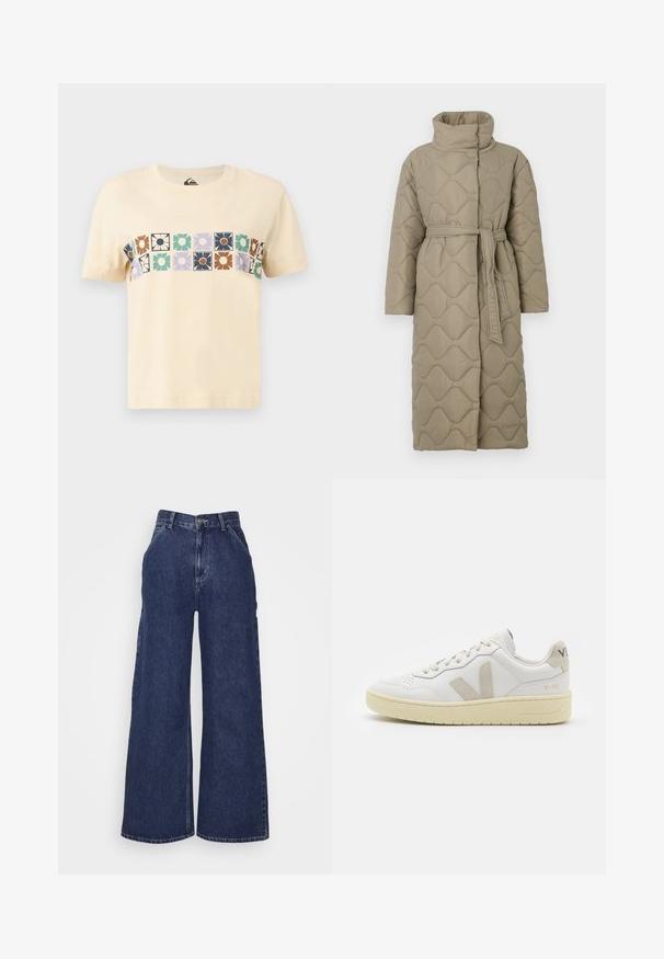 Dlouhý taupe prošívaný kabát s vysokým límcem a opaskem ze stejného materiálu svázaným v pase, se vzorem vlnkového šití po celém povrchu.; Krémové bavlněné tričko s horizontálním blokovým vzorem stylizovaných květin v různých barvách. Krátké rukávy a kulatý výstřih.; Široké denimové džíny v tmavě modré barvě, s vysokým pasem, předními kapsami a zipem s kovovým knoflíkem. Hladká textura a klasický design.; Bílé kožené tenisky s béžovými semišovými akcenty, perforovanou špičkou, plochými tkaničkami a strukturovanou krémovou podešví. Obsahují jemné logo na patě.