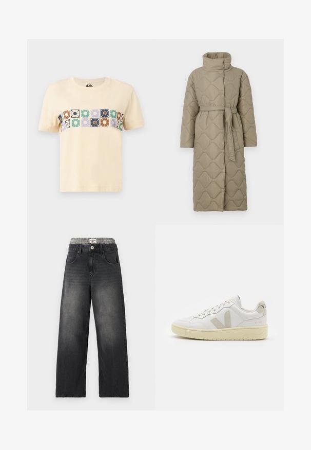 Lange taupe gekwiltde jas met hoge kraag en bijpassende stoffen riem die om de taille is geknoopt, met golfpatroon stiksel over het geheel.; Crème-kleurige katoenen t-shirt met een horizontaal blokpatroon van gestileerde bloemen in verschillende kleuren. Korte mouwen en ronde hals.; Zwarte denim wijde jeans met een houndstooth patroon op de tailleband. Kenmerken zijn onder andere voorzakken en een knoopsluiting. Beschadigd textuur.; Witte leren sneaker met beige suède accenten, geperforeerde neus, platte veters en een gestructureerde crèmekleurige zool. Heeft subtiele branding op de hak.