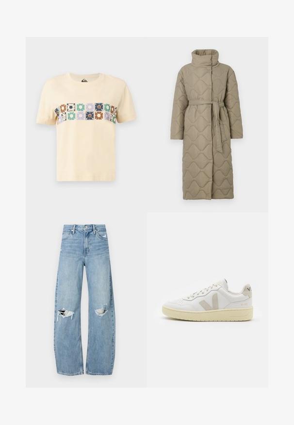 Dugi taupe kaput s kvadrama s visokim ovratnikom i remenom od istog materijala zavezanim u struku, s valovitim uzorkom šivanja kroz cijelu površinu.; Tijelo od boje kreme od pamuka s horizontalnim blok uzorkom stiliziranih cvjetova u raznim bojama. Kratki rukavi i okrugli izrez.; Svijetloplave, visoko-strukirane traperice. Imaju široke nogavice, dva razderana područja na koljenima i klasičan stil s pet džepova.; Bijele kožne tenisice s bež nubuk naglascima, perforiranim prednjim dijelom, ravnim čipkama i teksturiranom kremastom potplatom. Sadrži suptilni brend na pete.