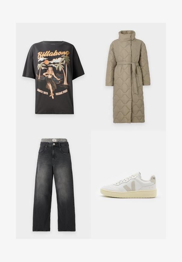 Casaco longo em taupe, acolchoado, com gola alta e cinto de tecido a condizer atado à cintura, apresentando um acolchoado em padrão de ondas por toda a parte.; T-shirt de algodão preto com uma gráfica colorida de uma dançarina de hula, palmeiras e o texto "Billabong" em letras bold.; Jeans de ganga largos pretos com uma cintura em padrão pied-de-poule. Inclui bolsos frontais e fecho de botão. Textura desgastada.; Sapatilha de couro branca com detalhes em camurça bege, biqueira perfurada, atacadores planos e sola texturizada creme. Apresenta uma marcação subtil no calcanhar.
