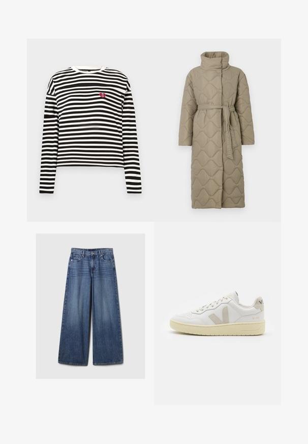 Pitkä taupe-värinen tikattu takki, jossa on korkea kaulus ja samaa kangasta oleva vyö solmittuna vyötärölle. Takissa on aallokkomuotoista tikkausta koko matkalta.; Mustat ja valkoiset vaakasuorat raidat pitkähihainen paita, jossa on pieni punainen sydänpaikka, jossa lukee "The VIP Club" vasemmassa rinnassa.; Vaaleansiniset, leveälahkeiset farkut, joissa on haalistunut viimeistely. Ne sisältävät napin ja vetskarin, viisi taskua sekä vyölenkit.; Valkoiset nahkakengät, joissa on vaaleanruskeat pigmenttisuojat, rei'itetty kärki, litteät nauhat ja teksturoitu kermaisa pohja. Takana on huomaamaton brändäys.