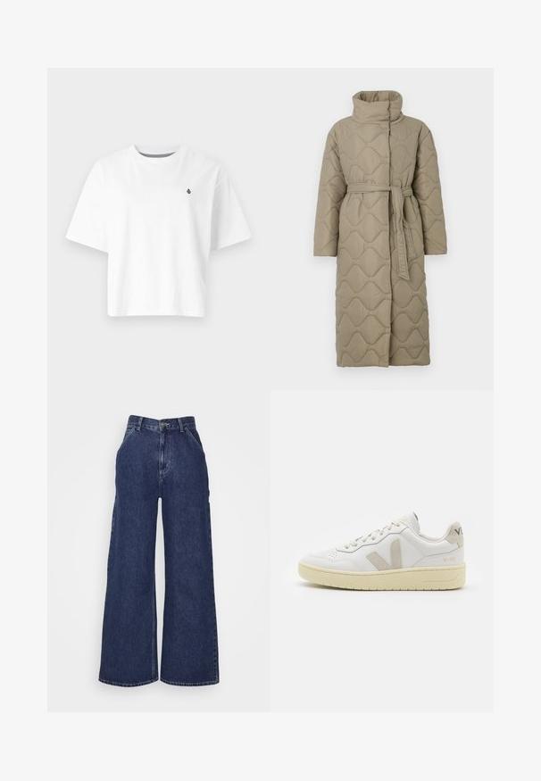 Manteau long en taupe matelassé avec col haut et ceinture en tissu assorti nouée à la taille, présentant des coutures en motif de vagues sur l'ensemble.; T-shirt en coton blanc, design court, manches courtes, col rond, avec un petit logo noir sur la poitrine gauche.; Jeans en denim à jambes larges de couleur bleu foncé, avec une taille haute, des poches avant et une fermeture éclair avec un bouton en métal. Texture lisse et design classique.; Baskets blanches en cuir avec des accents en daim beige, boîte à orteils perforée, lacets plats et semelle texturée crème. Présente un logo discret au talon.