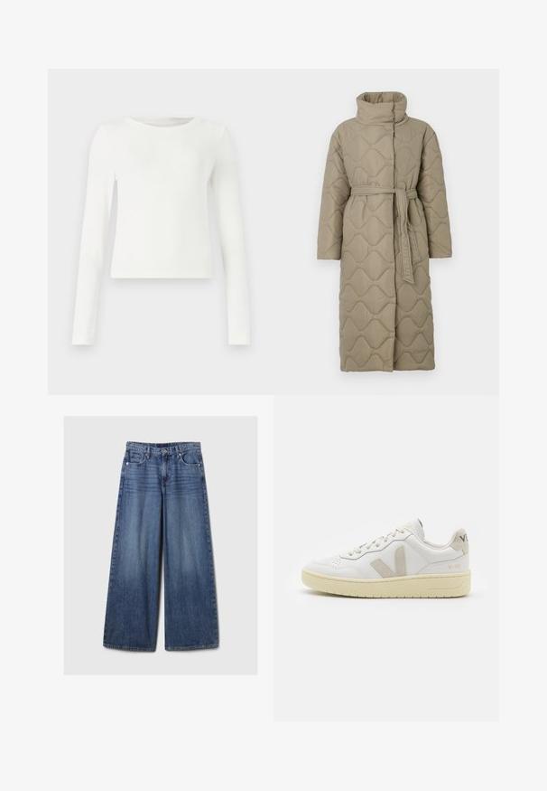 Dugi taupe kaput s kvadrama s visokim ovratnikom i remenom od istog materijala zavezanim u struku, s valovitim uzorkom šivanja kroz cijelu površinu.; Bijela dugosleeve rebrasta majica s kružnim izrezom. Glatka tekstura, uski kroj i bez vidljivih uzoraka ili akcenta. Jednostavan i minimalistički stil.; Široke plave traperice s izblijedjelim finišom, s kopčanjem na gumb i patentni zatvarač, pet džepova i petljama za remen.; Bijele kožne tenisice s bež nubuk naglascima, perforiranim prednjim dijelom, ravnim čipkama i teksturiranom kremastom potplatom. Sadrži suptilni brend na pete.