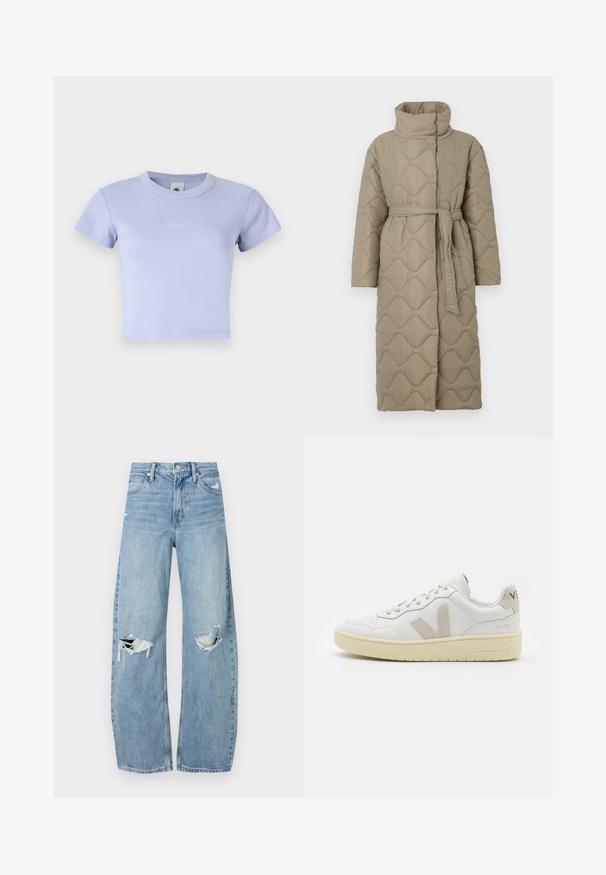 Lang taupe quiltet frakke med høj krave og bælte i matchende stof bundet i taljen, med bølge-mønster syninger over hele.; Lys lilla ribbet bomulds crop t-shirt med korte ærmer og rund hals. Har et subtilt broderet logo på forsiden.; Lysblå, højtraljede jeans lavet af denim. Har brede ben, to huller ved knæene og klassisk fem-lommes stil.; Hvide lærreds sneakers med beige ruskindsdetaljer, perforeret tåboks, flade snørebånd og en struktureret cremefarvet sål. Har diskret branding på hælen.