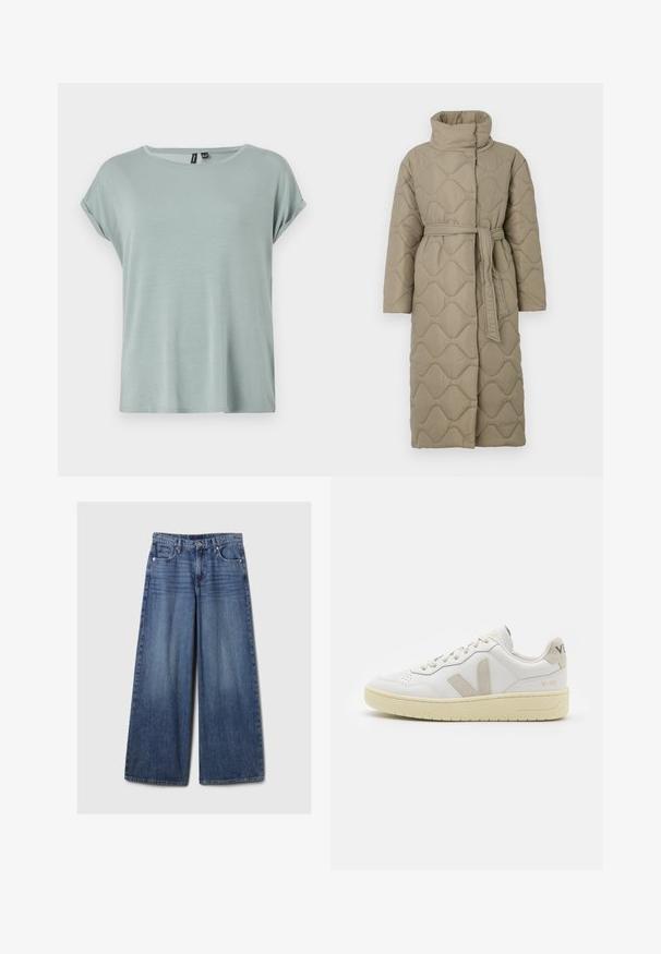 Long taupe quilted coat with high collar and matching fabric belt tied at the waist, featuring wave-pattern stitching throughout.; Light green T-shirt with a relaxed fit, short rolled sleeves, and a round neckline. Soft, smooth texture with a slightly loose design.; Wide-leg blue denim jeans with a faded finish, featuring a button and zipper closure, five pockets, and belt loops.; White leather sneaker with beige suede accents, perforated toe box, flat laces, and a textured cream sole. Features subtle branding on heel.