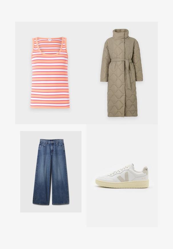 Pikk taupe värvi tikitud mantel kõrge kraega ja sobiva materjalist vööga, mis on seotud vöökohal, ning kogu ulatuses on lainelise mustriga tikand.; Triibuline top, millel on horisontaalsed triibud peedi, punase ja valge tooni kombinatsioonis. Valmistatud ribakangast, millel on ümar kaelus ja ilma varrukateta disain.; Laiad sinised denimpüksid, millel on pleekinud viimistlus, nupp ja lukuga sulgemine, viis taskut ning vööaasad.; Valge nahast tenniseking, millel on beežist siidist aktsent ja aukudega varvas, lame paelad ja tekstureeritud koorevärvi tallad. Omab nüansirikast brändimist kannal.