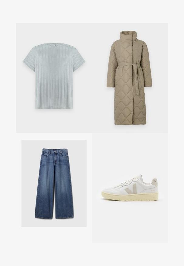 Hosszú taupe színű steppelt kabát magas gallérral és azonos anyagból készült övvel, amely a deréknál van megkötve, hullámmintás varrással az egész felületen.; Világosszürke, rövid ujjú blúz bordázott textúrával és kerek nyakkivágással, függőleges csíkokkal az anyagon.; Széles lábú kék farmernadrág elhalványodott felülettel, gombos és cipzáras záródással, öt zsebbel és övhurkokkal.; Fehér bőr sneaker bézs velúr részletekkel, perforált orr résszel, lapos fűzőkkel és textúrált krémszínű talppal. Finom márkajelzés található a sarkán.