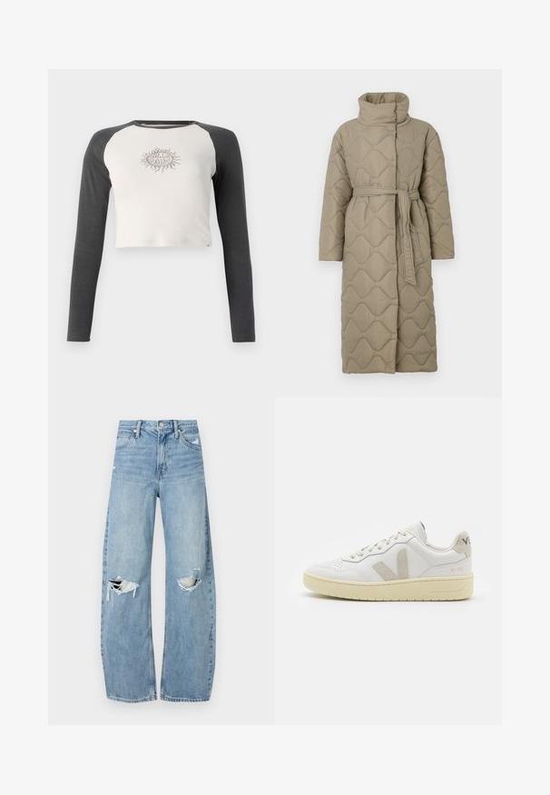 Ilgas taupe spalvos siuvinėtas paltas su aukštu apykakle ir derančiu audinio diržu, suvytu juosmenyje, su banguotu raštu siuvinėjimu visame paviršiuje.; Trumpas ilgomis rankovėmis marškinėliai su šviesiai pilku kūnu ir tamsiai pilkomis rankovėmis. Ant krūtinės yra smėlio spalvos saulės grafika. Pagaminta iš medvilnės.; Šviesiai mėlynos, aukštu juosmeniu džinsai pagaminti iš džinsinio audinio. Turi plačias kojų kelnes, dvi suplėšytas kelio vietas ir klasikinį penkių kišenių dizainą.; Balti odiniai sportbačiai su kreminiais zomšos akcentais, perforuota pirštų dalimi, plokščiomis raišteliais ir struktūruota kreminėmis padomis. Ant kulno yra subtilus ženklinimas.