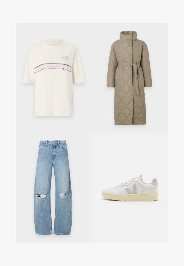 Lang taupe quiltet frakk med høy krage og belte i matchende stoff knyttet rundt livet, med bølgemønster-innsying gjennom hele frakken.; Hvit bomull t-skjorte med korte ermer, med et horisontalt flerfarget bølgemønster og trekantdetaljer over brystet.; Lyseblå høytlivsjeans laget av denim. Har vide bein, to revne knær og klassisk fem-lommers design.; Hvite lær sneakers med beige semsket detaljer, perforert tåboks, flate lisser og en teksturert kremfarget såle. Har subtil branding på hælen.