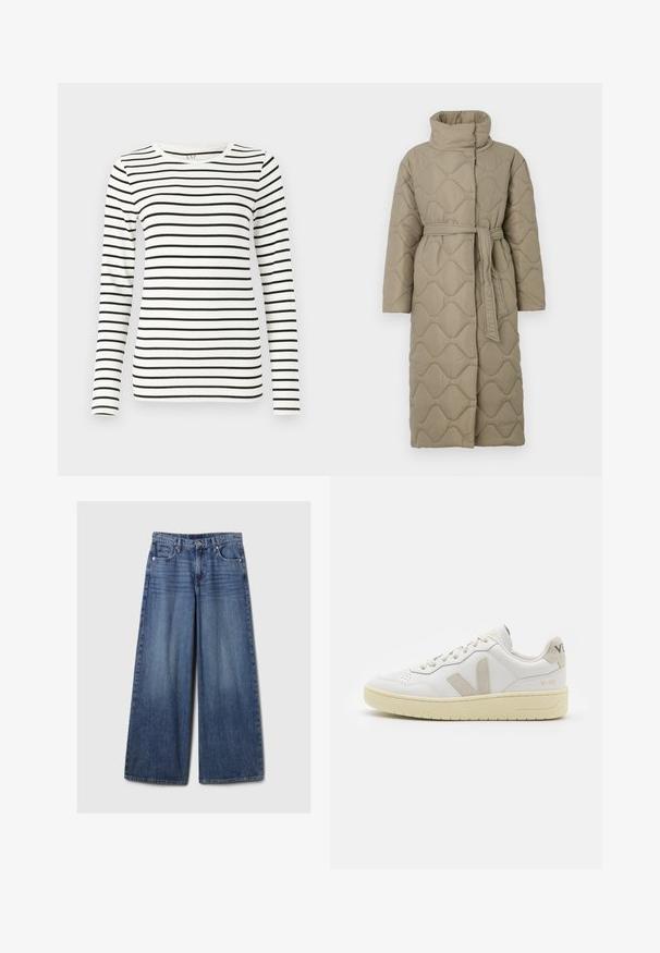 Dugi taupe kaput s kvadrama s visokim ovratnikom i remenom od istog materijala zavezanim u struku, s valovitim uzorkom šivanja kroz cijelu površinu.; Duga majica s dugim rukavima s horizontalnim crnim i bijelim prugama, okruglim izrezom i glatkom teksturom pamuka.; Široke plave traperice s izblijedjelim finišom, s kopčanjem na gumb i patentni zatvarač, pet džepova i petljama za remen.; Bijele kožne tenisice s bež nubuk naglascima, perforiranim prednjim dijelom, ravnim čipkama i teksturiranom kremastom potplatom. Sadrži suptilni brend na pete.