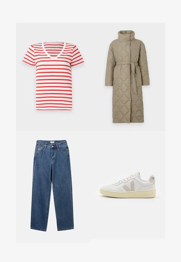 Garšs pelēkbrūns quiltēts mētelis ar augstu apkakli un atbilstošu auduma jostu, kas sasieta ap vidukli, ar viļņu raksta šuvēm visā virsmā.; Sarkans un balts svītrots V-veida krekliņš, izgatavots no mīksta kokvilnas, ar īsām piedurknēm un brīvu piegriezumu. Vienkāršs dizains ar vienādām svītrām.; Klasiskie zili džinsi ar taisnu kāju dizainu, pieciem kabatām un pogu aizdari. Iezīmējas ar vidēju mazgāšanu un izturīgu tekstūru.; Baltas ādas sporta apavu pāris ar bēšiem zamša akcentiem, caurumiņu purngalā, plakanu šņorēšanu un teksturētu krēmkrāsas zoli. Iezīmējas ar diskrētu zīmolu uz papēža.