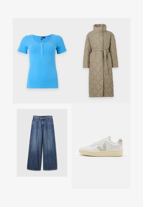 Garšs pelēkbrūns quiltēts mētelis ar augstu apkakli un atbilstošu auduma jostu, kas sasieta ap vidukli, ar viļņu raksta šuvēm visā virsmā.; Ribota, īsām piedurknēm t-kreklam dzīvā zilā krāsā. Ar noapaļotu kakla izgriezumu un trīs pogu slēgšanu priekšpusē. Mīksts, elastīgs materiāls.; Platām kājām zila denima bikses ar izbalējušu apdari, ar pogu un rāvējslēdzēju, pieciem kabatām un jostu cilpām.; Baltas ādas sporta apavu pāris ar bēšiem zamša akcentiem, caurumiņu purngalā, plakanu šņorēšanu un teksturētu krēmkrāsas zoli. Iezīmējas ar diskrētu zīmolu uz papēža.