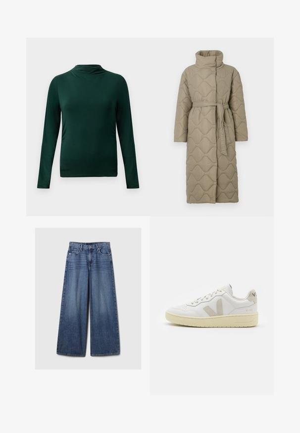 Hosszú taupe színű steppelt kabát magas gallérral és azonos anyagból készült övvel, amely a deréknál van megkötve, hullámmintás varrással az egész felületen.; Sötétzöld, hosszú ujjú, könnyű felső, álló gallérral és testhez simuló szabással, sima világos háttér előtt.; Széles lábú kék farmernadrág elhalványodott felülettel, gombos és cipzáras záródással, öt zsebbel és övhurkokkal.; Fehér bőr sneaker bézs velúr részletekkel, perforált orr résszel, lapos fűzőkkel és textúrált krémszínű talppal. Finom márkajelzés található a sarkán.