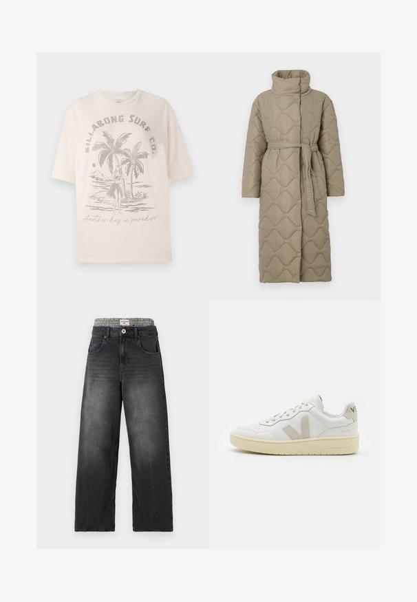 Lang taupe quiltet frakke med høj krave og bælte i matchende stof bundet i taljen, med bølge-mønster syninger over hele.; Cremefarvet bomulds T-shirt med korte ærmer, prydet med et grafisk motiv af palmer og en figur på forsiden, teksten lyder "En dag mere i paradis."; Sorte denim bredbenede jeans med et houndstooth-mønster i taljen. Funktioner inkluderer sidelommer og en knaplukning. Slidt tekstur.; Hvide lærreds sneakers med beige ruskindsdetaljer, perforeret tåboks, flade snørebånd og en struktureret cremefarvet sål. Har diskret branding på hælen.