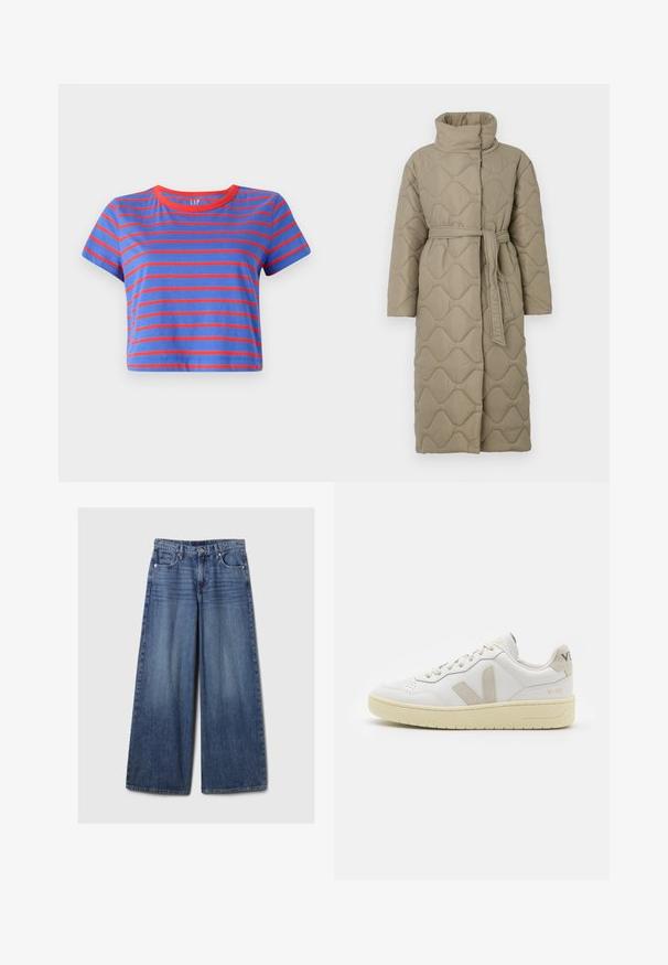 Pikk taupe värvi tikitud mantel kõrge kraega ja sobiva materjalist vööga, mis on seotud vöökohal, ning kogu ulatuses on lainelise mustriga tikand.; Lühikeste varrukatega lühikese lõikega T-särk, millel on sinised ja punased horisontaalsed triibud. Omab ümmargust punast kaelust ja on valmistatud pehmest puuvillast materjalist.; Laiad sinised denimpüksid, millel on pleekinud viimistlus, nupp ja lukuga sulgemine, viis taskut ning vööaasad.; Valge nahast tenniseking, millel on beežist siidist aktsent ja aukudega varvas, lame paelad ja tekstureeritud koorevärvi tallad. Omab nüansirikast brändimist kannal.