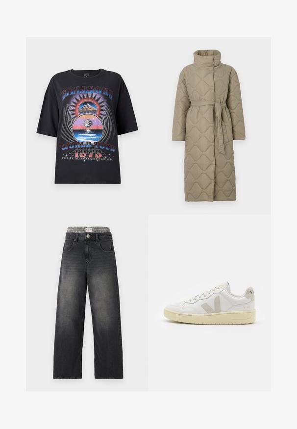 Casaco longo em taupe, acolchoado, com gola alta e cinto de tecido a condizer atado à cintura, apresentando um acolchoado em padrão de ondas por toda a parte.; Camiseta oversized preta com um design gráfico colorido que inclui montanhas, sol e elementos aquáticos. O texto inclui "Billabong World Tour 1973."; Jeans de ganga largos pretos com uma cintura em padrão pied-de-poule. Inclui bolsos frontais e fecho de botão. Textura desgastada.; Sapatilha de couro branca com detalhes em camurça bege, biqueira perfurada, atacadores planos e sola texturizada creme. Apresenta uma marcação subtil no calcanhar.