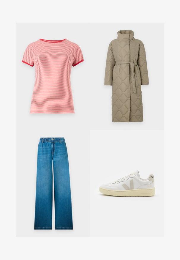 Pikk taupe värvi tikitud mantel kõrge kraega ja sobiva materjalist vööga, mis on seotud vöökohal, ning kogu ulatuses on lainelise mustriga tikand.; Punase ja valge triibuline lühikeste varrukatega t-särk ümmarguse kaelusega ja kontrastsete punaste äärtega varrukatel ning kaelusel, valmistatud ribakangast.; Heled kõrgusega teksad, mis on valmistatud helesinisest denimist, omavad elastset vöökohta, nööpide sulgemist ning sirget lõiget koos pleekinud efektiga.; Valge nahast tenniseking, millel on beežist siidist aktsent ja aukudega varvas, lame paelad ja tekstureeritud koorevärvi tallad. Omab nüansirikast brändimist kannal.