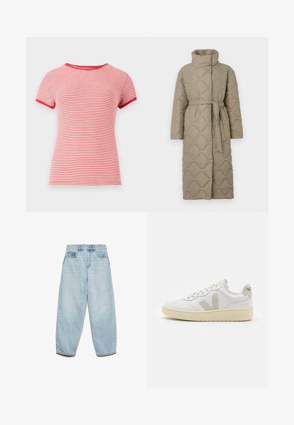 Abrigo largo en tono topo, acolchado, con cuello alto y cinturón de tela a juego atado en la cintura, que presenta un diseño de costura en patrón de olas en toda su superficie.; Camiseta de manga corta a rayas rojas y blancas con cuello redondo y ribetes rojos en las mangas y el cuello, hecha de tejido acanalado.; Vaqueros de mezclilla azul claro con un corte relajado, cintura alta y piernas anchas, con una textura ligeramente desgastada y un clásico diseño de cinco bolsillos.; Zapatilla de piel blanca con acentos de ante beige, caja de puntera perforada, cordones planos y suela texturizada en color crema. Cuenta con un branding sutil en el talón.