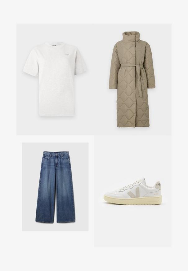 Long taupe quilted coat with high collar and matching fabric belt tied at the waist, featuring wave-pattern stitching throughout.; Gray short-sleeve t-shirt made of soft cotton, featuring a round neckline and a small logo on the left chest.; Wide-leg blue denim jeans with a faded finish, featuring a button and zipper closure, five pockets, and belt loops.; White leather sneaker with beige suede accents, perforated toe box, flat laces, and a textured cream sole. Features subtle branding on heel.