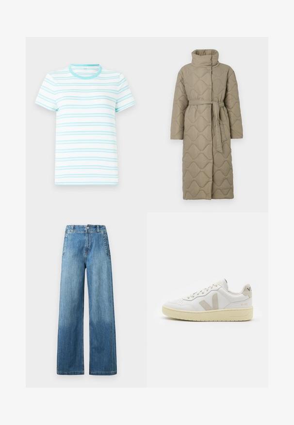 Dlouhý taupe prošívaný kabát s vysokým límcem a opaskem ze stejného materiálu svázaným v pase, se vzorem vlnkového šití po celém povrchu.; Tričko s krátkým rukávem vyrobené z lehké tkaniny, s vodorovnými světle modrými pruhy na bílém pozadí a odpovídajícím kulatým výstřihem.; Světle modré džíny širokého střihu s vysokým pasem, obsahující dvě přední kapsy, poutka na opasek a jemně vybledlý vzhled.; Bílé kožené tenisky s béžovými semišovými akcenty, perforovanou špičkou, plochými tkaničkami a strukturovanou krémovou podešví. Obsahují jemné logo na patě.