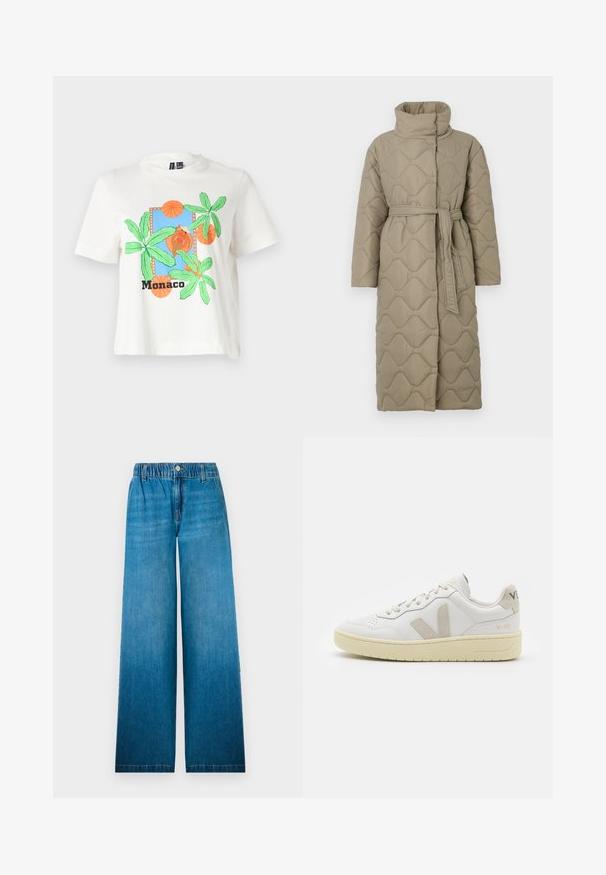 Lang taupe quiltet frakk med høy krage og belte i matchende stoff knyttet rundt livet, med bølgemønster-innsying gjennom hele frakken.; Hvit kortermet t-skjorte med et blått grafisk design med grønne palmer, oransje sirkler og teksten "Monaco" i svart nederst.; Bredde ben jeans laget av lyseblå denim, med elastisk midje, knappelukking og rett snittdesign med en falmet effekt.; Hvite lær sneakers med beige semsket detaljer, perforert tåboks, flate lisser og en teksturert kremfarget såle. Har subtil branding på hælen.