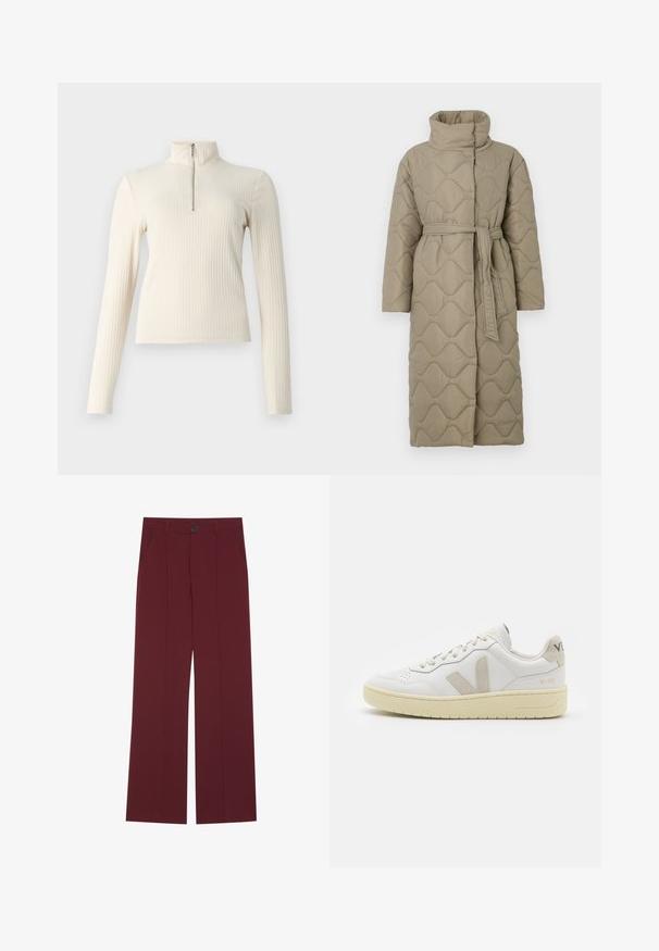 Long taupe quilted coat with high collar and matching fabric belt tied at the waist, featuring wave-pattern stitching throughout.; Cream ribbed pullover with long sleeves and a mock neck. Features a quarter zipper at the front and a fitted design. Plain texture.; Burgundy trousers with a wide leg design, featuring a button closure, two side pockets, and creased front detailing. Smooth fabric texture.; White leather sneaker with beige suede accents, perforated toe box, flat laces, and a textured cream sole. Features subtle branding on heel.