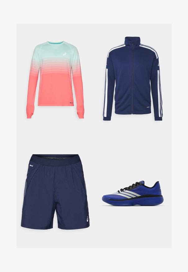 Marineblaues Zip-Up-Jacket aus weichem Stoff, mit weißen Streifen auf den Schultern und Ärmeln, gerippten Bündchen und einem markenpezifischen Logo auf dem Ärmel.; Langärmliges Sportshirt mit einem Farbverlauf von Hellblau zu Koralle. Hergestellt aus leichtem Stoff mit strukturierten Akzenten.; Marineblaue Sportshorts mit elastischem Bund, seitlichen Taschen und hellgrauen Akzenten. Aus leichtem, glattem Stoff für hohen Tragekomfort.; adidas Performance ADIZERO SELECT 3.0 - Basketballschuh - lucid blue/core black/metallic