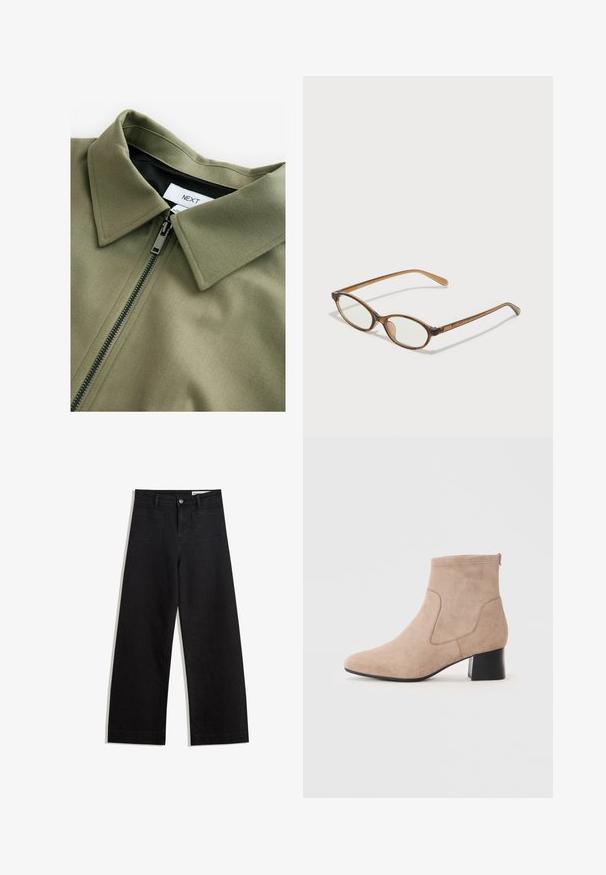 Olive green jacket with a herringbone texture, featuring a black zipper and a pointed collar. Label reads "NEXT" inside the collar.; Light beige short-sleeve t-shirt with a round neckline, made of soft, smooth fabric. Features a relaxed fit and straight hemline.; Black wide-leg denim pants with a high waist, featuring front and back pockets, stitched seams, and a button closure. Smooth texture.; Beige suede ankle boots featuring a rounded toe, elastic side panels, and a block heel with a smooth black finish.; Brown tortoiseshell glasses with oval lenses, thin arms, and transparent accents. Features a subtle logo on the temple. Sleek, lightweight design.; Metallic gold clutch with a smooth, rounded shape, featuring a top button clasp and a small chain strap for carrying.